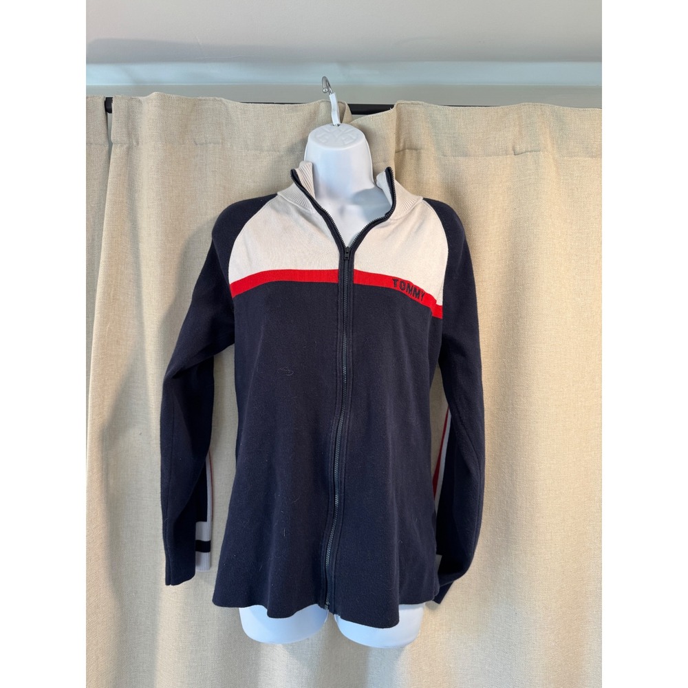 VTG Tommy Hilfiger Zip Up Track Jacket Full Zip Navy White Red Trim Women XL